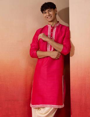 Men's pink hand embroidered silk kurta - premium festive wear 2
