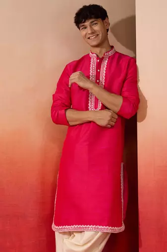 Men's pink hand embroidered silk kurta - premium festive wear