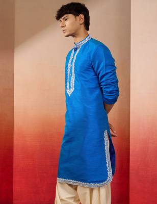 Men's royal blue hand embroidered silk kurta - premium festive 5