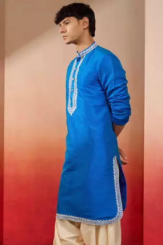 Men's royal blue hand embroidered silk kurta - premium festive