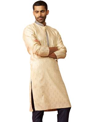 Men cream royal blue silk jacquard kurta - premium zari embroidered wedding wear 1
