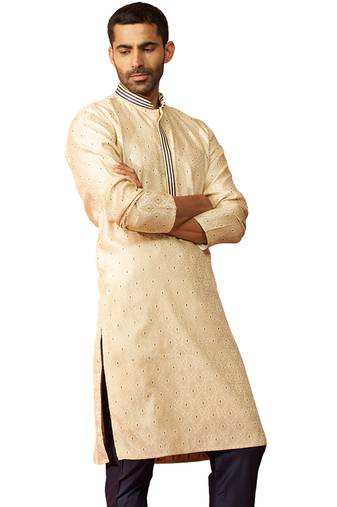 Men cream royal blue silk jacquard kurta - premium zari embroidered wedding wear