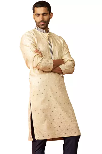 Men cream royal blue silk jacquard kurta - premium zari embroidered wedding wear