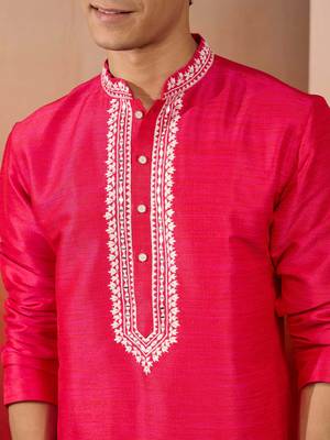 Men's pink hand embroidered silk kurta - premium festive wear 3