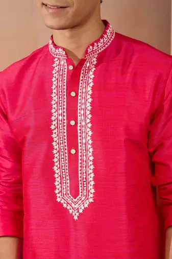 Men's pink hand embroidered silk kurta - premium festive wear