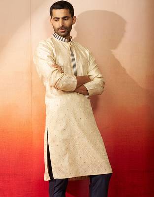 Men cream royal blue silk jacquard kurta - premium zari embroidered wedding wear 2