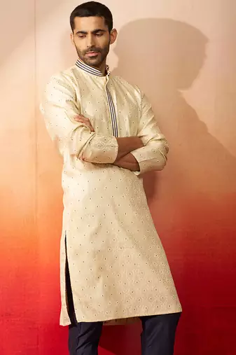 Men cream royal blue silk jacquard kurta - premium zari embroidered wedding wear