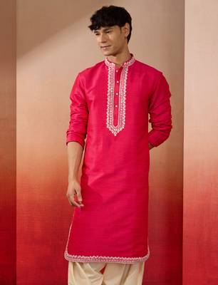 Men's pink hand embroidered silk kurta - premium festive wear 4