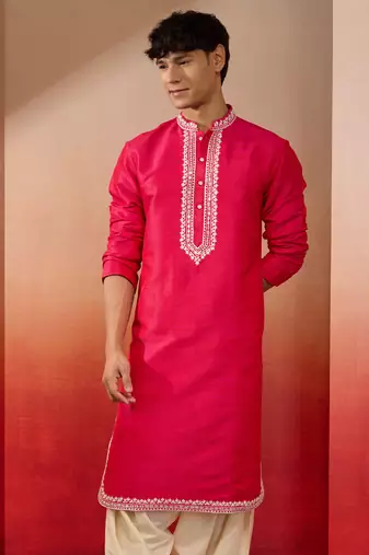 Men's pink hand embroidered silk kurta - premium festive wear