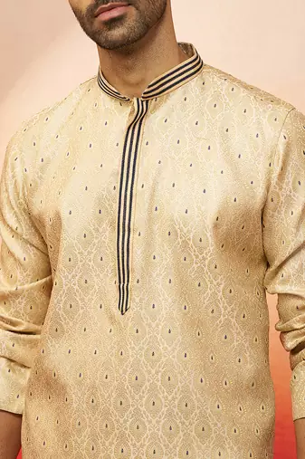 Men cream royal blue silk jacquard kurta - premium zari embroidered wedding wear