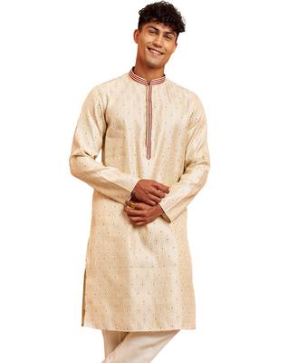 Men cream silk blend long kurta - jacquard maroon motif mandarin collar festive wear 1