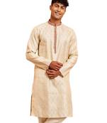 Men cream silk blend long kurta - jacquard maroon motif mandarin collar festive wear