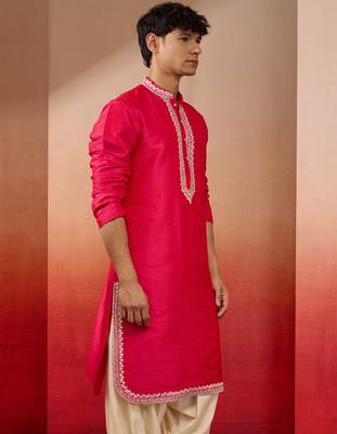Men's pink hand embroidered silk kurta - premium festive wear 5