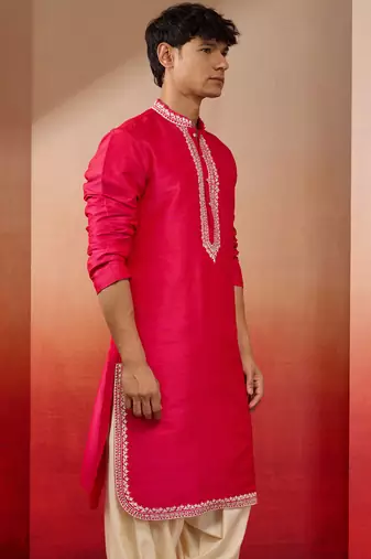 Men's pink hand embroidered silk kurta - premium festive wear