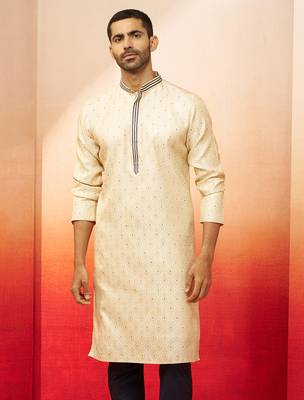 Men cream royal blue silk jacquard kurta - premium zari embroidered wedding wear 4