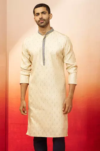 Men cream royal blue silk jacquard kurta - premium zari embroidered wedding wear