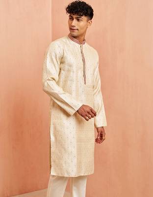 Men cream silk blend long kurta - jacquard maroon motif mandarin collar festive wear 2