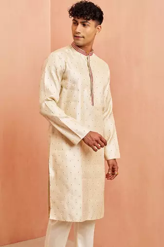 Men cream silk blend long kurta - jacquard maroon motif mandarin collar festive wear
