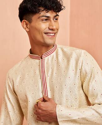 Men cream silk blend long kurta - jacquard maroon motif mandarin collar festive wear 3