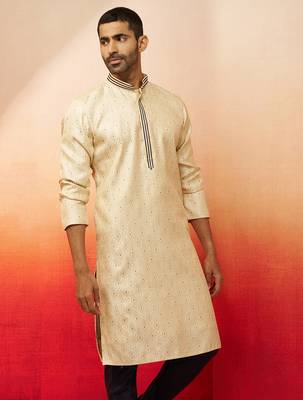 Men cream royal blue silk jacquard kurta - premium zari embroidered wedding wear 5