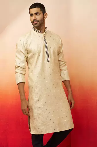 Men cream royal blue silk jacquard kurta - premium zari embroidered wedding wear