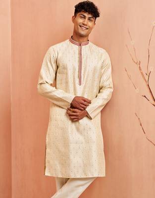 Men cream silk blend long kurta - jacquard maroon motif mandarin collar festive wear 4