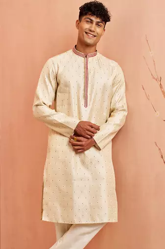 Men cream silk blend long kurta - jacquard maroon motif mandarin collar festive wear