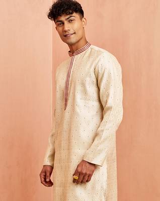 Men cream silk blend long kurta - jacquard maroon motif mandarin collar festive wear 5