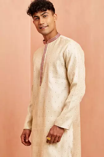 Men cream silk blend long kurta - jacquard maroon motif mandarin collar festive wear
