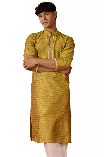 Men yellow silk jacquard kurta - premium floral wedding festive traditional wear