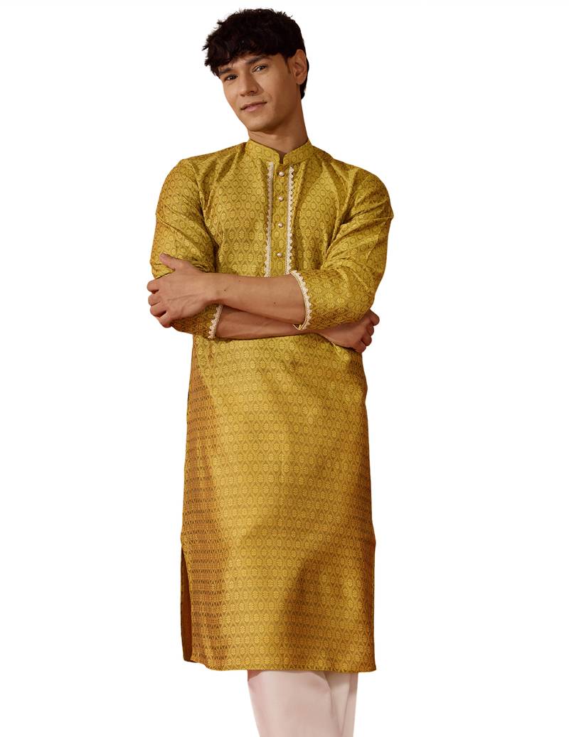 Men yellow silk jacquard kurta - premium floral wedding festive traditional wear
