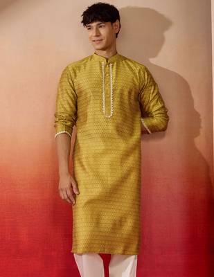 Men yellow silk jacquard kurta - premium floral wedding festive traditional wear 2
