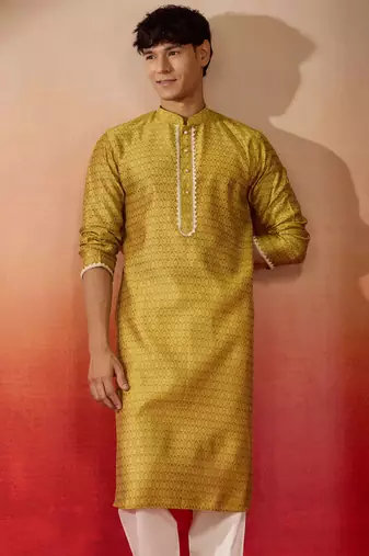 Men yellow silk jacquard kurta - premium floral wedding festive traditional wear