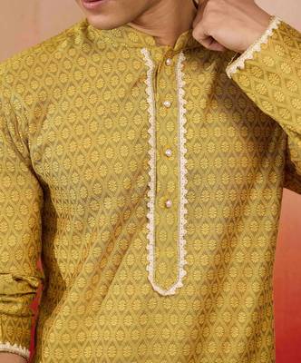 Men yellow silk jacquard kurta - premium floral wedding festive traditional wear 3