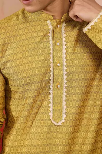 Men yellow silk jacquard kurta - premium floral wedding festive traditional wear