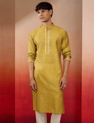 Men yellow silk jacquard kurta - premium floral wedding festive traditional wear 4
