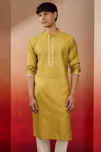 Men yellow silk jacquard kurta - premium floral wedding festive traditional wear
