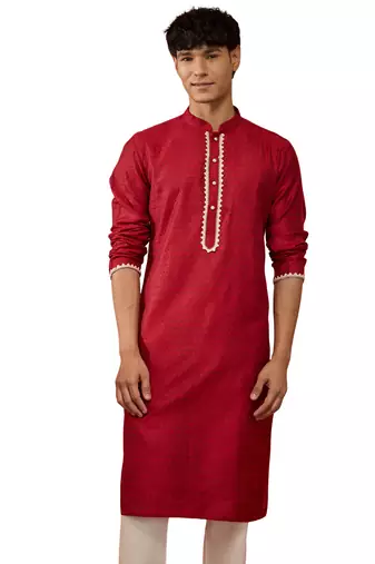 Men maroon silk jacquard kurta - premium floral pattern wedding festive wear