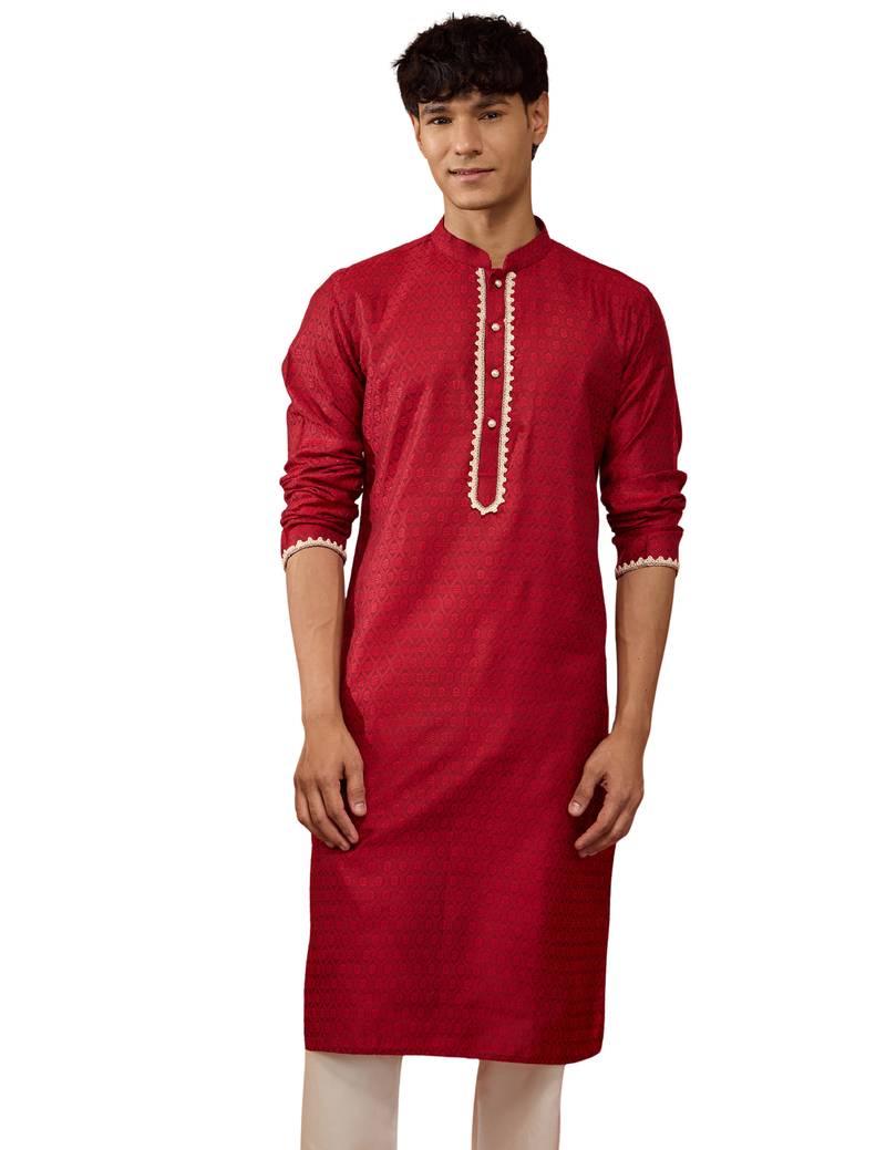 Men maroon silk jacquard kurta - premium floral pattern wedding festive wear