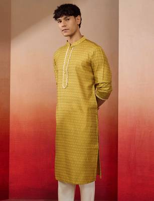 Men yellow silk jacquard kurta - premium floral wedding festive traditional wear 5