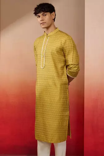 Men yellow silk jacquard kurta - premium floral wedding festive traditional wear
