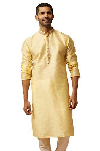 Men yellow silk anmol jacquard kurta - premium ethnic motif auspicious festive wear