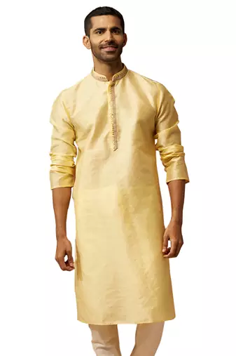 Men yellow silk anmol jacquard kurta - premium ethnic motif auspicious festive wear
