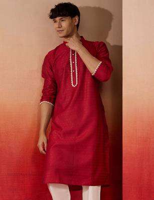 Men maroon silk jacquard kurta - premium floral pattern wedding festive wear 2