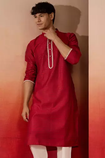 Men maroon silk jacquard kurta - premium floral pattern wedding festive wear