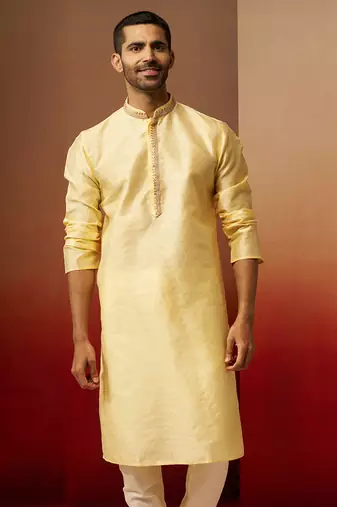 Men yellow silk anmol jacquard kurta - premium ethnic motif auspicious festive wear