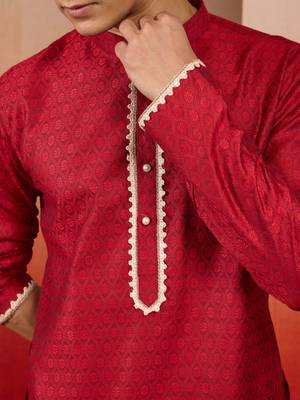 Men maroon silk jacquard kurta - premium floral pattern wedding festive wear 3