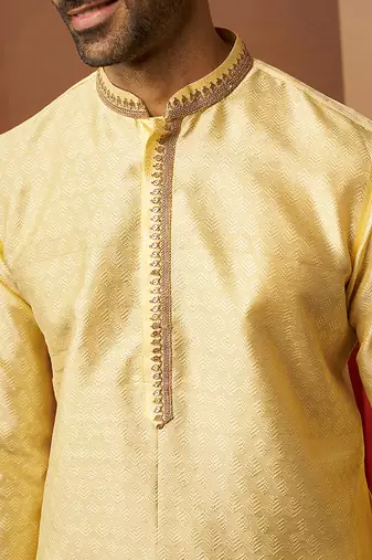 Men yellow silk anmol jacquard kurta - premium ethnic motif auspicious festive wear