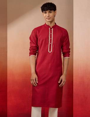 Men maroon silk jacquard kurta - premium floral pattern wedding festive wear 4