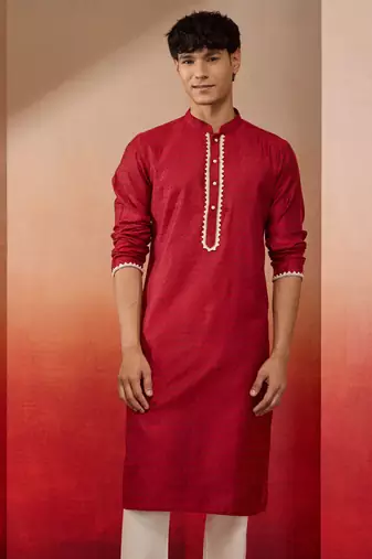 Men maroon silk jacquard kurta - premium floral pattern wedding festive wear